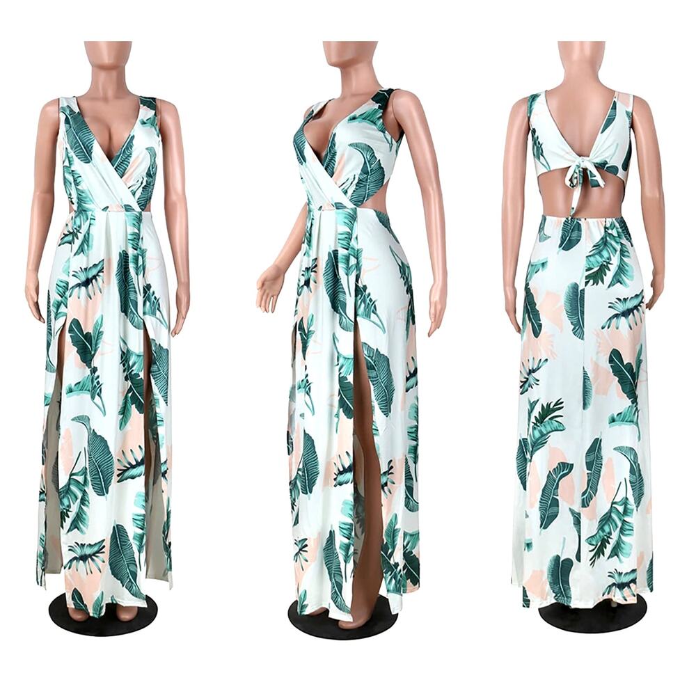 Sexy V-Neck Long Maxi Hawaiian Dress with 2 high slits by LKOUS